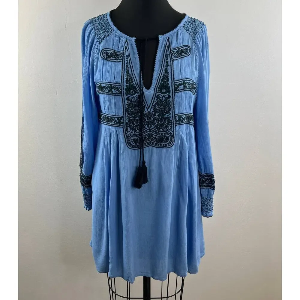 FREE PEOPLE Wind Willow Womens River Skies Blue Embroidered Boho Mini Dress XS